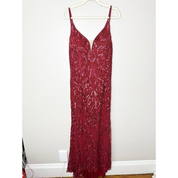 Mac Duggal 5107 Burgundy Red Embellished Leaf Plunge Evening Gown 12 NEW $498 - Picture 3 of 10